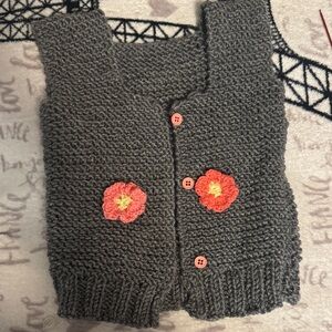 Gray Knitted Vest with Floral Accents